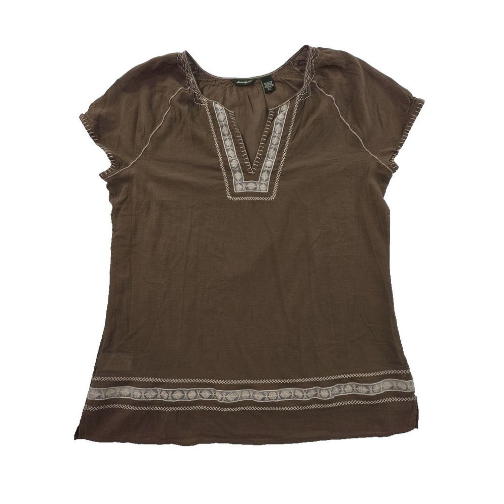 Eddie Bauer 100% Cotton Gauze Tunic Top Womens Tall XXL V-Neck Brown Bohomenian